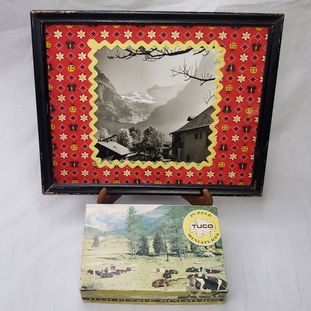 Vintage Framed Photo of the Swiss Alps And Cows In Moutain Pasture Mini Puzzle
